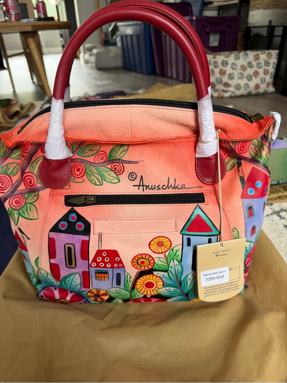 Anuschka Hand-Painted Coral & Red Leather Tote with Village Motif